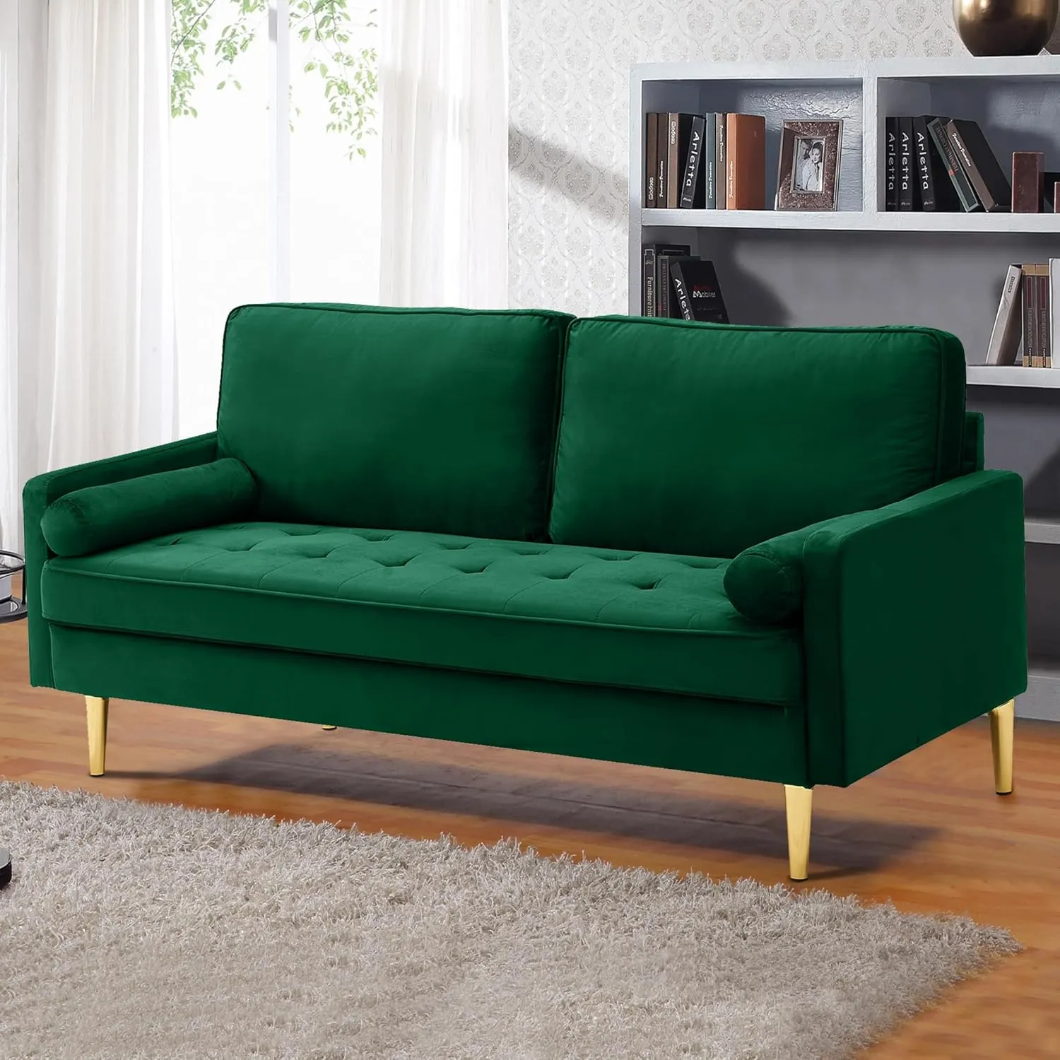 67" Modern Velvet Loveseat Sofa Couch, Mid-Century Tufted Upholstered Small Love Seat Couch with 2 Pillows & 4 Golden Legs, 2-Seats Couches for Compact Space, Living Room, Apartment (Emerald)
