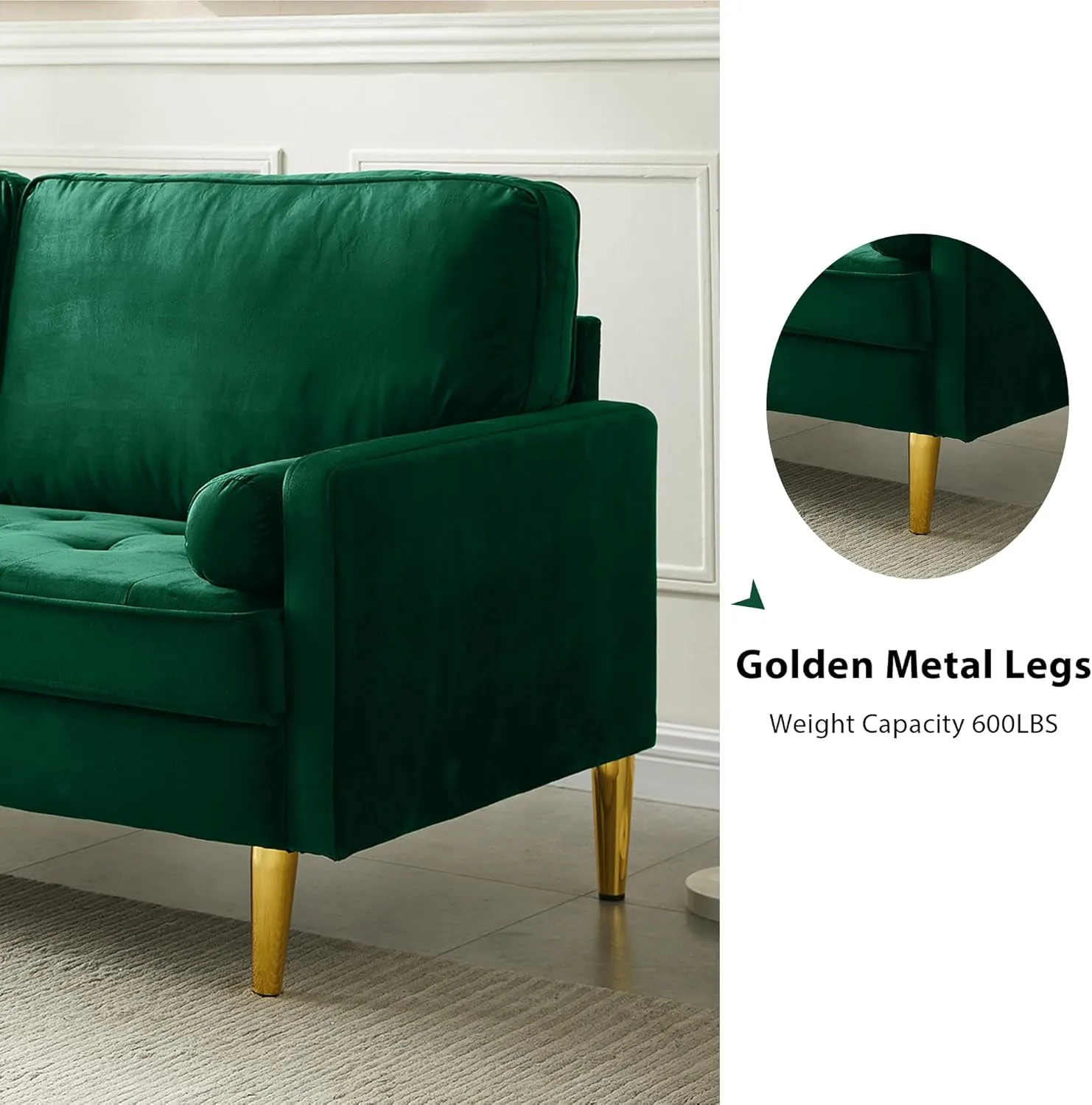 67" Modern Velvet Loveseat Sofa Couch, Mid-Century Tufted Upholstered Small Love Seat Couch with 2 Pillows & 4 Golden Legs, 2-Seats Couches for Compact Space, Living Room, Apartment (Emerald)