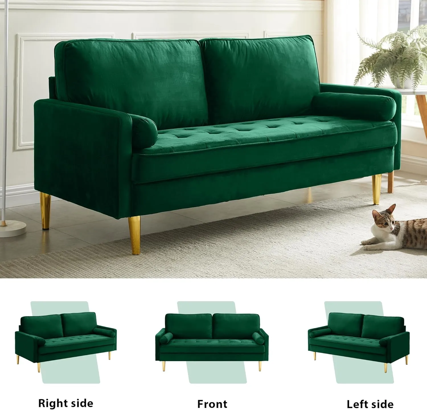 67" Modern Velvet Loveseat Sofa Couch, Mid-Century Tufted Upholstered Small Love Seat Couch with 2 Pillows & 4 Golden Legs, 2-Seats Couches for Compact Space, Living Room, Apartment (Emerald)