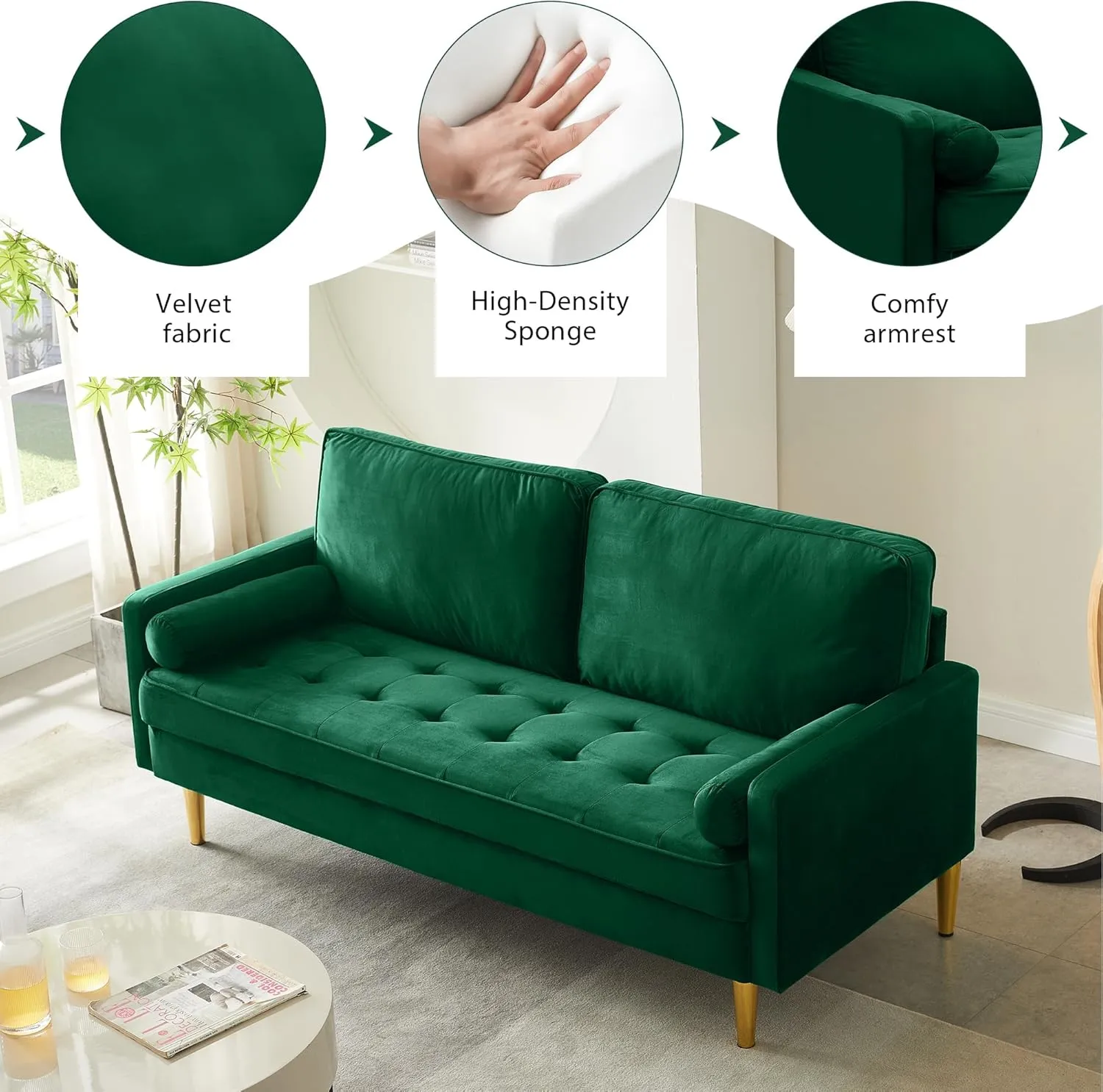 67" Modern Velvet Loveseat Sofa Couch, Mid-Century Tufted Upholstered Small Love Seat Couch with 2 Pillows & 4 Golden Legs, 2-Seats Couches for Compact Space, Living Room, Apartment (Emerald)