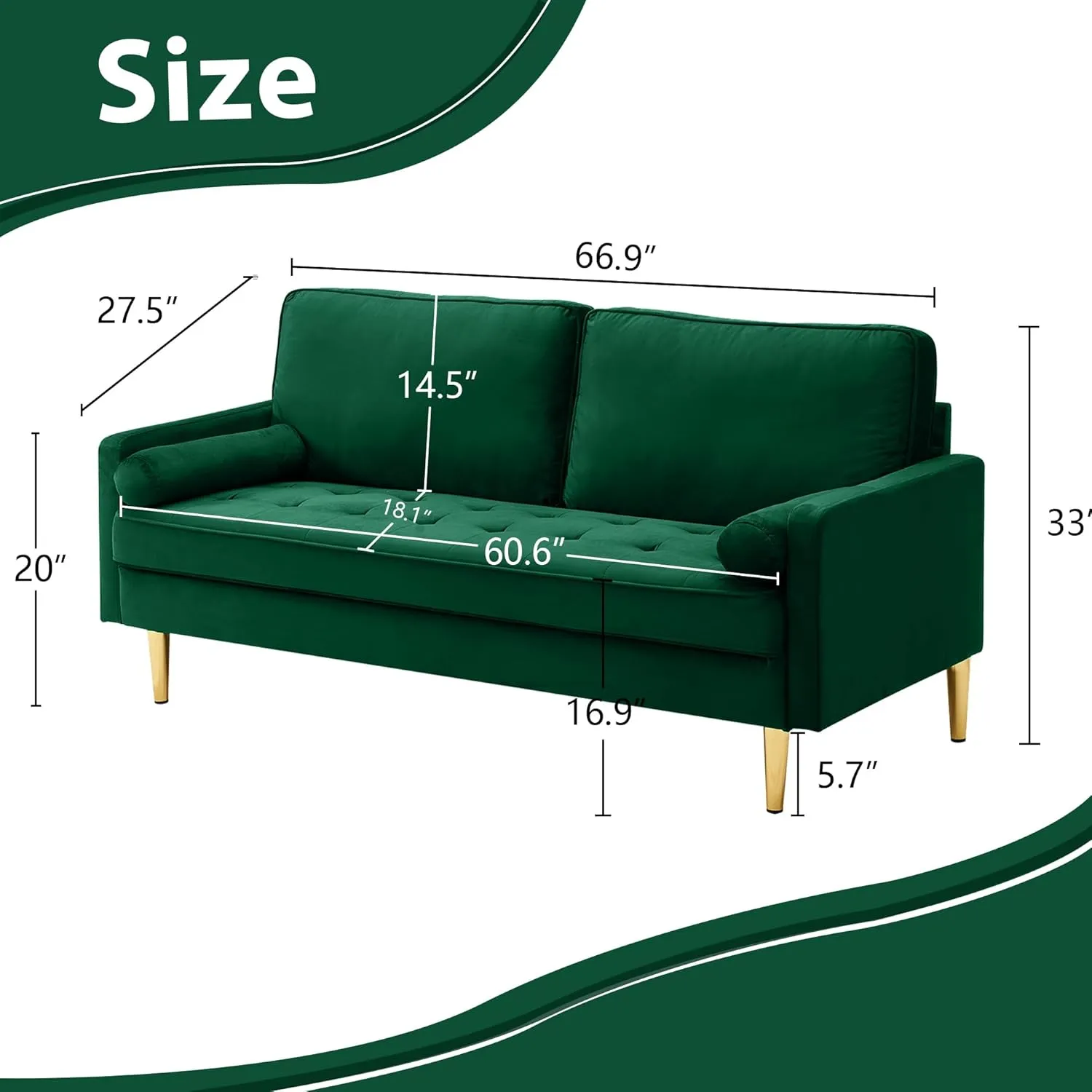 67" Modern Velvet Loveseat Sofa Couch, Mid-Century Tufted Upholstered Small Love Seat Couch with 2 Pillows & 4 Golden Legs, 2-Seats Couches for Compact Space, Living Room, Apartment (Emerald)
