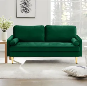 67" Modern Velvet Loveseat Sofa Couch, Mid-Century Tufted Upholstered Small Love Seat Couch with 2 Pillows & 4 Golden Legs, 2-Seats Couches for Compact Space, Living Room, Apartment (Emerald)