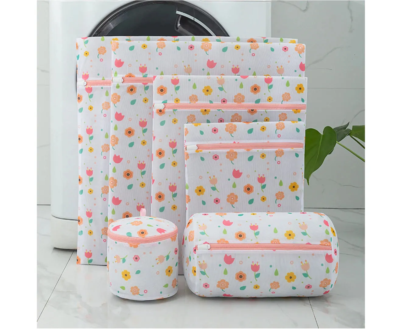 6Pcs Laundry Bag with Zipper Thick Fine Mesh Patterns Printing Foldable Cleaning Polyester Underwear Bra Clothing Washing Bag for