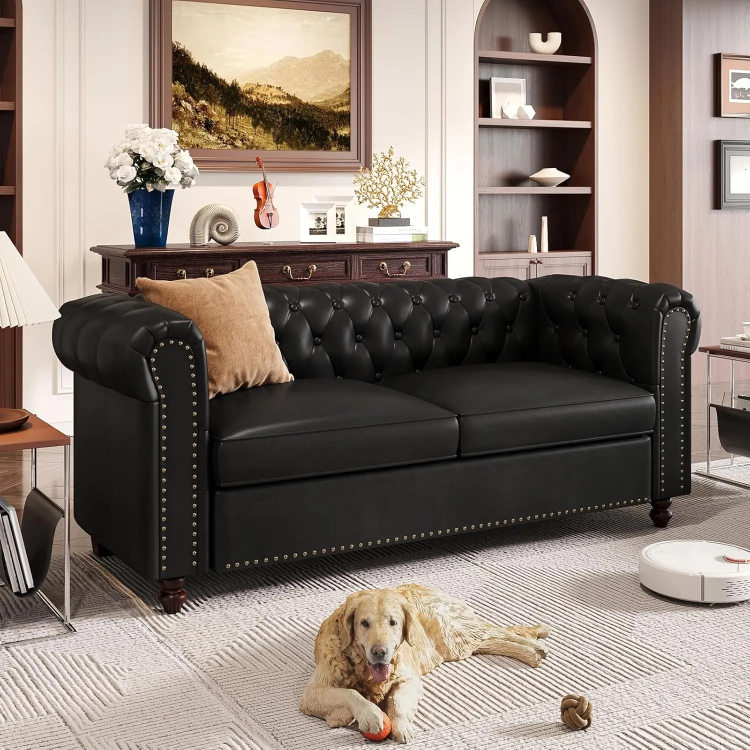 72 Inch Black Sofa, Chesterfield Faux Leather Couch with Wooden Legs, Tufted Leather Sofa with Rolled Arms, Mid Century Modern Couch with Rivets for Living Room, Apartment, Office