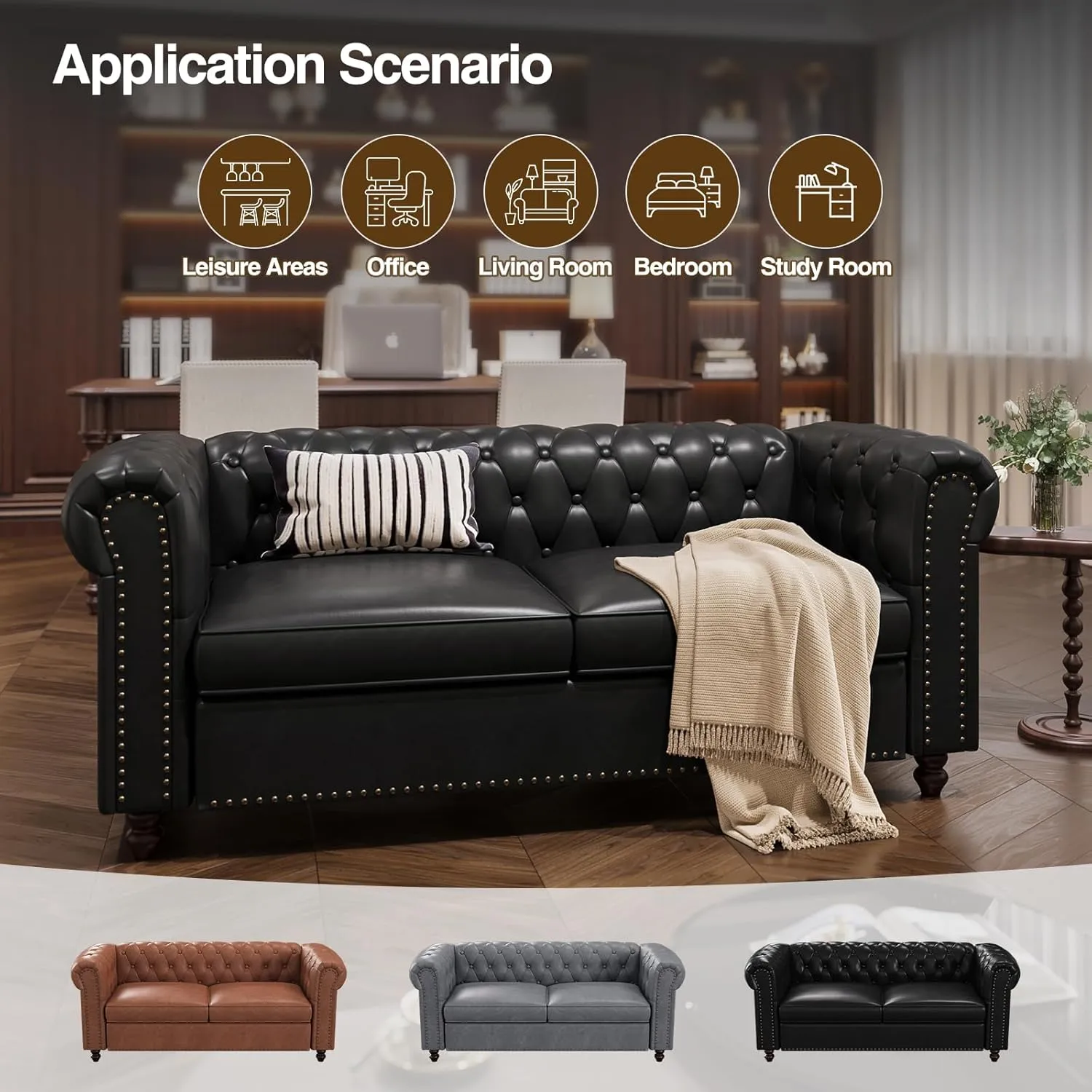 72 Inch Black Sofa, Chesterfield Faux Leather Couch with Wooden Legs, Tufted Leather Sofa with Rolled Arms, Mid Century Modern Couch with Rivets for Living Room, Apartment, Office