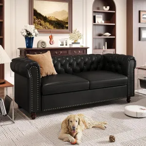 72 Inch Black Sofa, Chesterfield Faux Leather Couch with Wooden Legs, Tufted Leather Sofa with Rolled Arms, Mid Century Modern Couch with Rivets for Living Room, Apartment, Office