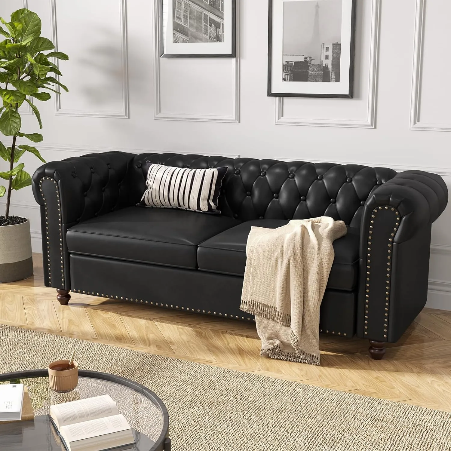 72 Inch Black Sofa, Chesterfield Faux Leather Couch with Wooden Legs, Tufted Leather Sofa with Rolled Arms, Mid Century Modern Couch with Rivets for Living Room, Apartment, Office