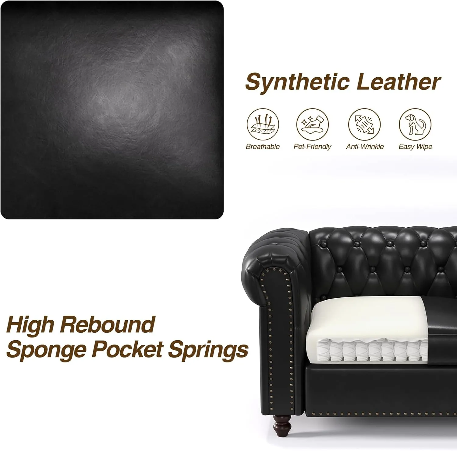 72 Inch Black Sofa, Chesterfield Faux Leather Couch with Wooden Legs, Tufted Leather Sofa with Rolled Arms, Mid Century Modern Couch with Rivets for Living Room, Apartment, Office