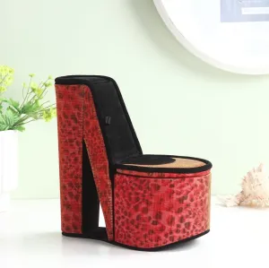 9-inch Tall Display Jewelry Box, High Heel Shoe Design with Leopard Print, Multiple Storage Options