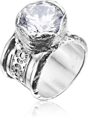 925 Sterling Silver Ring with Cubic Zirconia - Wide CZ Floral Textured Vintage Design - Hypoallergenic, Nickel & Lead-free Artisan Handcrafted Designer Collection - Made in Israel (Size 5-11)