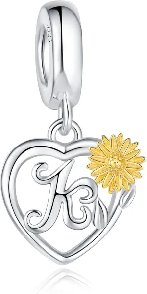 925 Sterling Silver Sunflower Pendant Letter Charms A~Z Alphabet Charm Letter Beads fit Pandora Bracelets fit Wife Mom Christmas Birthday Gift