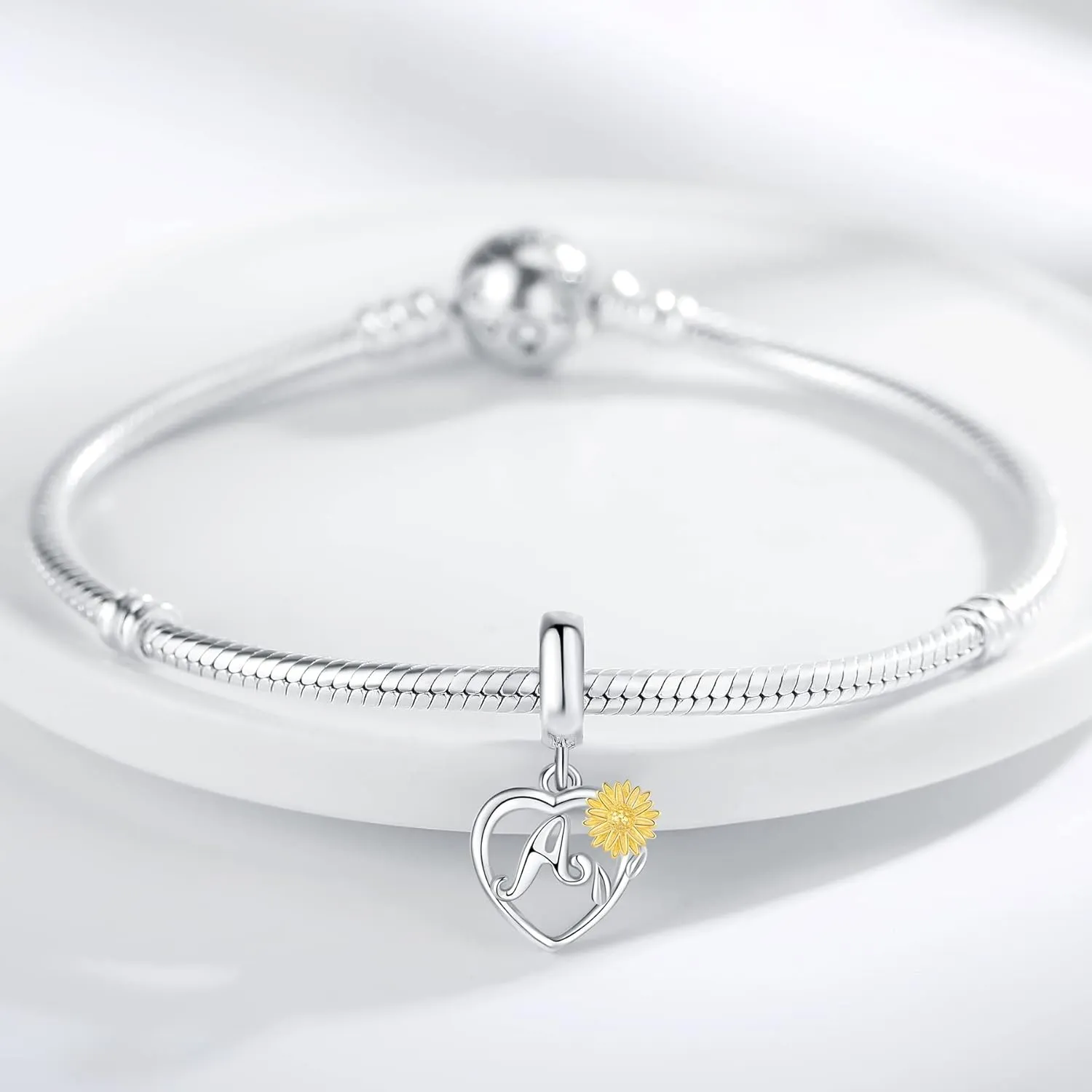 925 Sterling Silver Sunflower Pendant Letter Charms A~Z Alphabet Charm Letter Beads fit Pandora Bracelets fit Wife Mom Christmas Birthday Gift