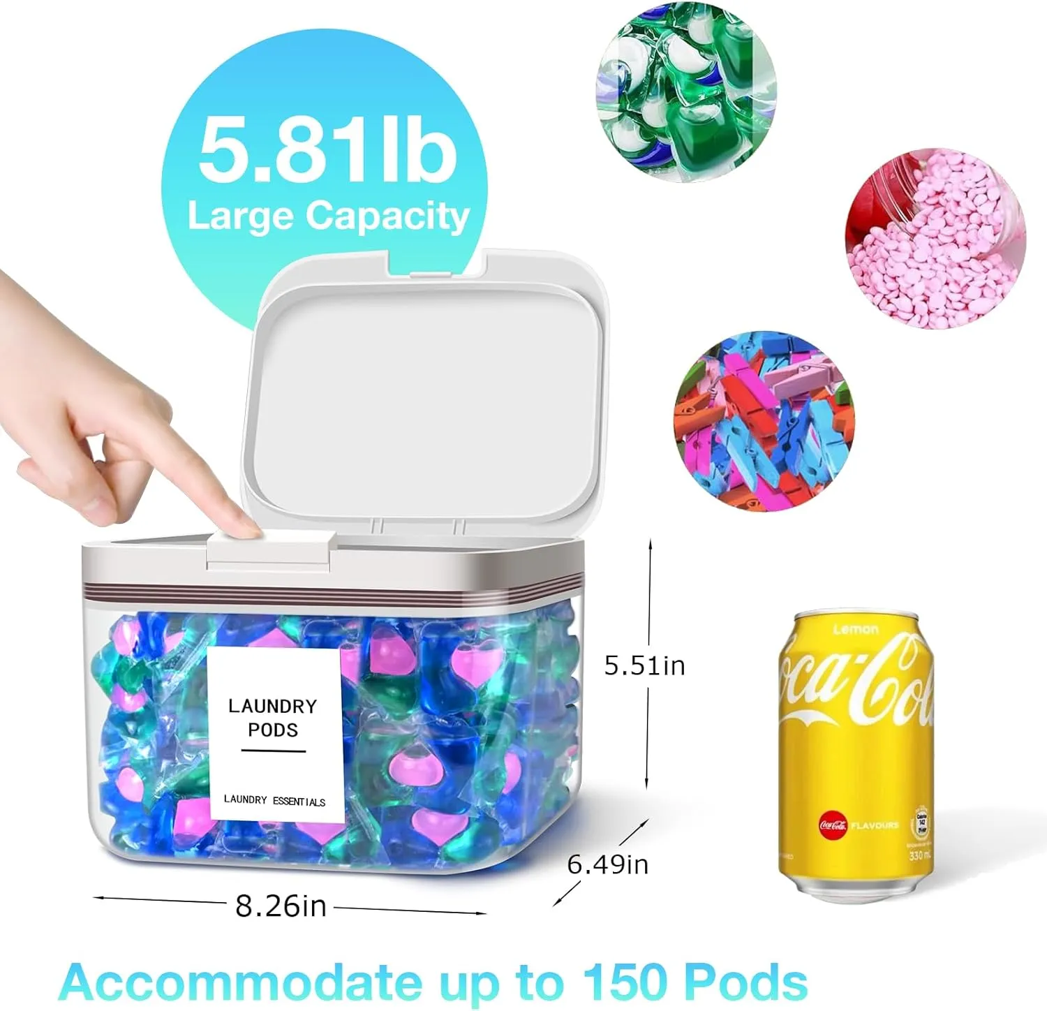 94oz/2.8L Laundry Pods Container for Room Organization, Pod Up Holder With 30 Labels and Scoop, Detergent Powder Container, Dryer Sheet Holder, 150 Pods