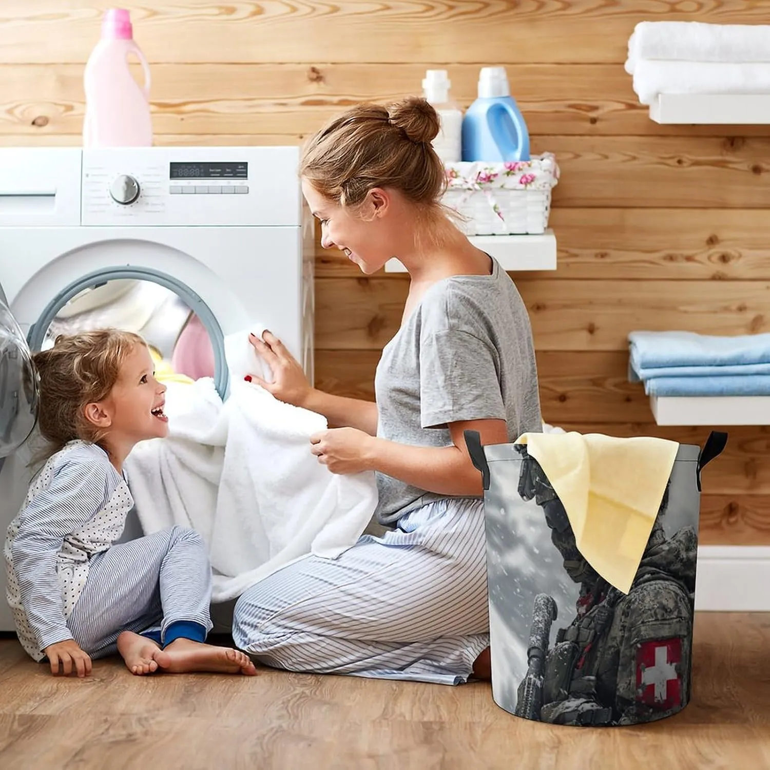 A Swiss Army Soldier Laundry Basket Comply to Modern Swiss Uniform Laundry Hamper Round Collapsible Drawstring Clothes Hamper for Bedroom Bathroom