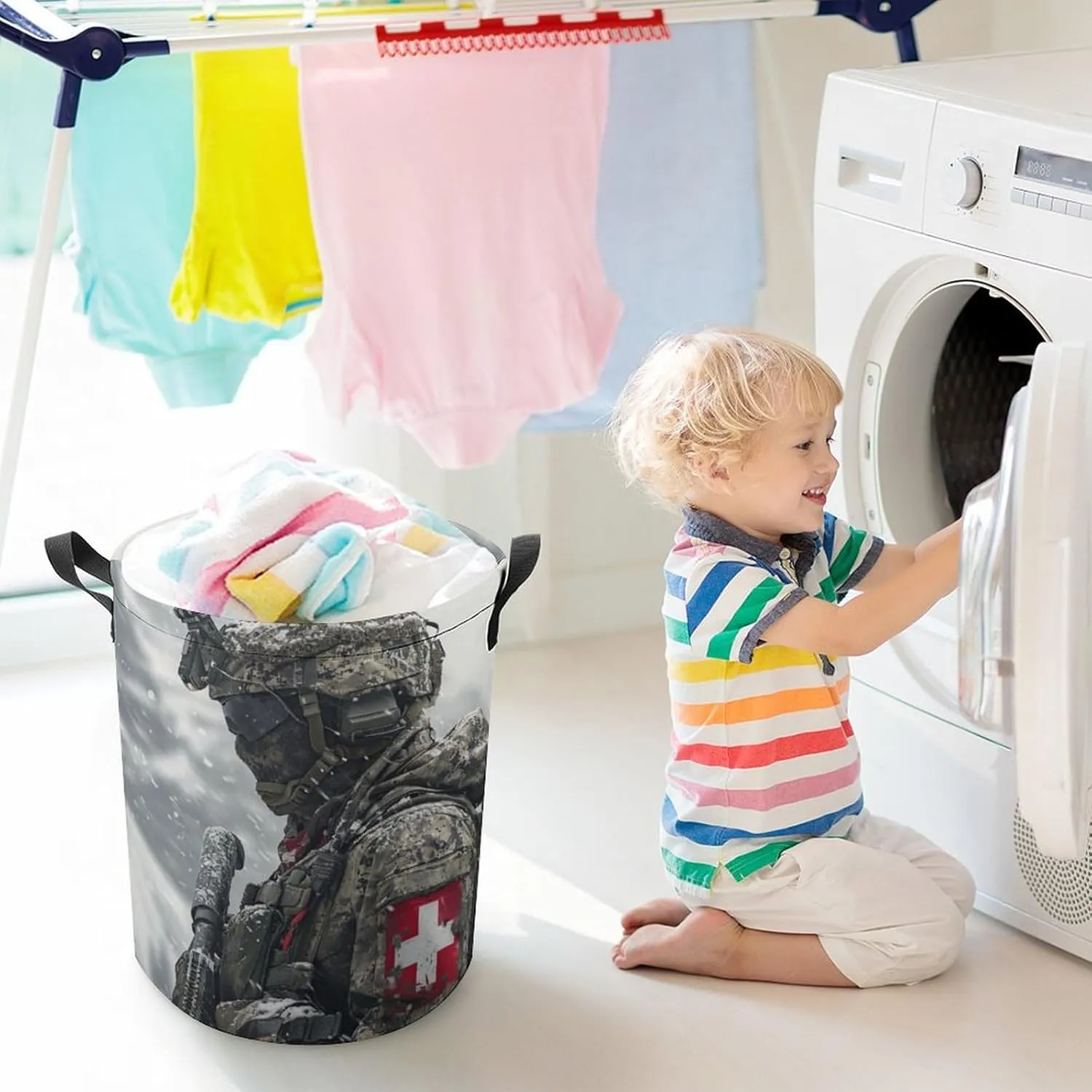 A Swiss Army Soldier Laundry Basket Comply to Modern Swiss Uniform Laundry Hamper Round Collapsible Drawstring Clothes Hamper for Bedroom Bathroom