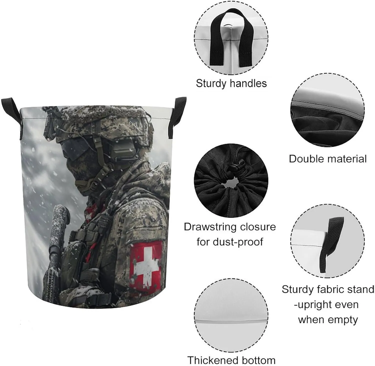 A Swiss Army Soldier Laundry Basket Comply to Modern Swiss Uniform Laundry Hamper Round Collapsible Drawstring Clothes Hamper for Bedroom Bathroom