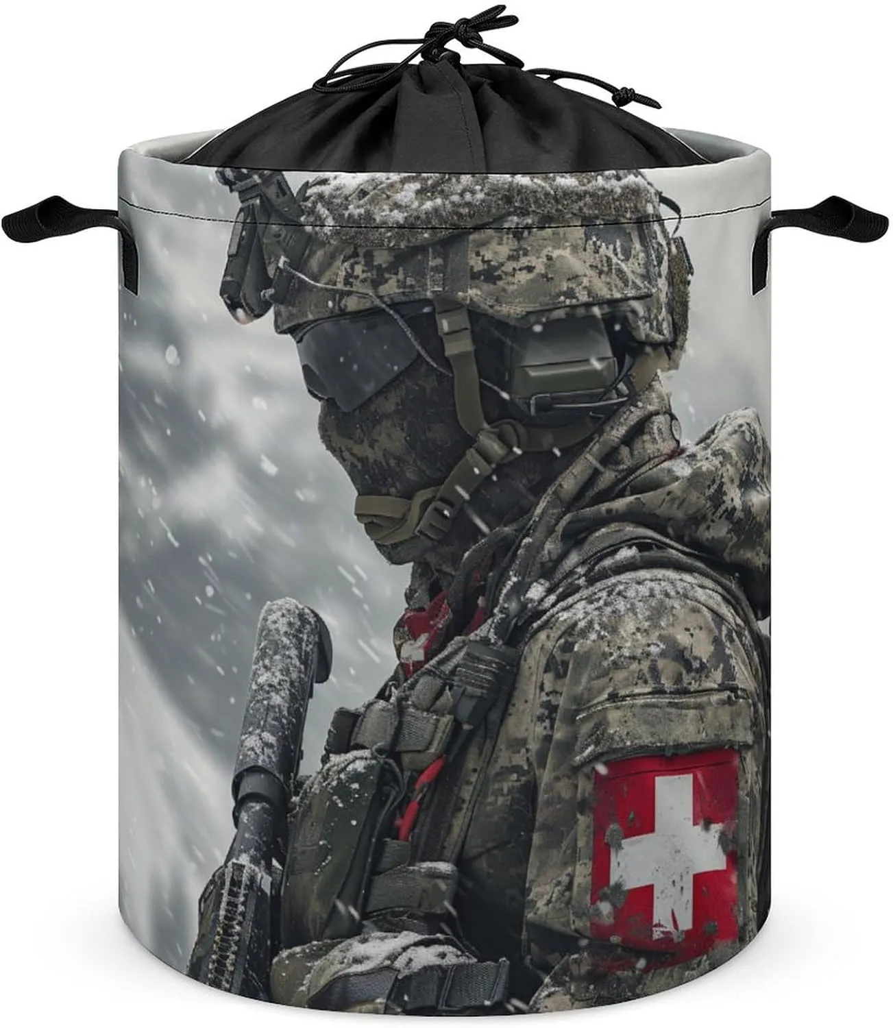 A Swiss Army Soldier Laundry Basket Comply to Modern Swiss Uniform Laundry Hamper Round Collapsible Drawstring Clothes Hamper for Bedroom Bathroom