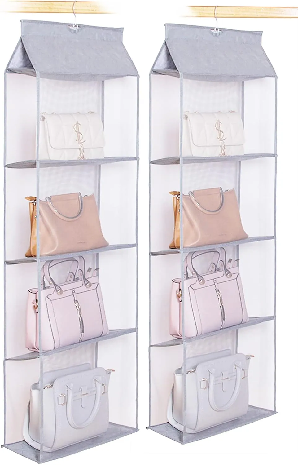 AARAINBOW 2 Pack Hanging Clear Handbag Purse Organizer with Hook, 4 Pockets Wardrobe Closet Space Saving Organizer, 47.2H x 15.7L x 6.3W (2 Gray)