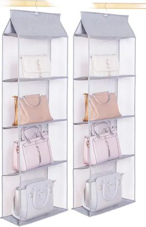AARAINBOW 2 Pack Hanging Clear Handbag Purse Organizer with Hook, 4 Pockets Wardrobe Closet Space Saving Organizer, 47.2H x 15.7L x 6.3W (2 Gray)