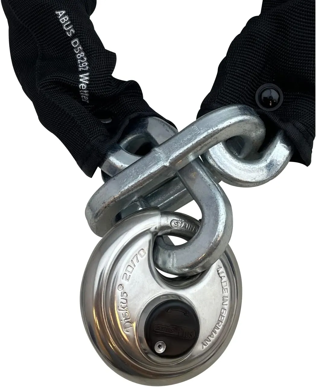 ABUS Hardened Steel 10KS 2 Foot x 5/16" Thick Square Security Chain with ABUS 20/80 Diskus Stainless Steel Padlock with 3/8" Shackle for Bikes, Containers, Trailers, Motorcycles and Personal use…