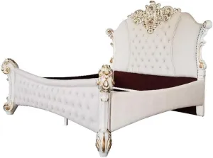 Acme Furniture Faux Leather Eastern King Bed, Two Tone Ivory and Antique Pearl
