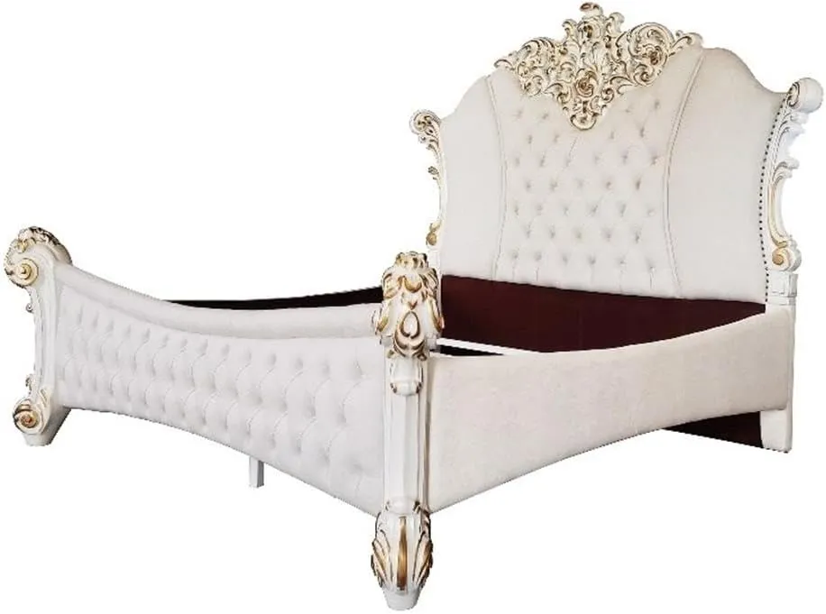 Acme Furniture Faux Leather Eastern King Bed, Two Tone Ivory and Antique Pearl