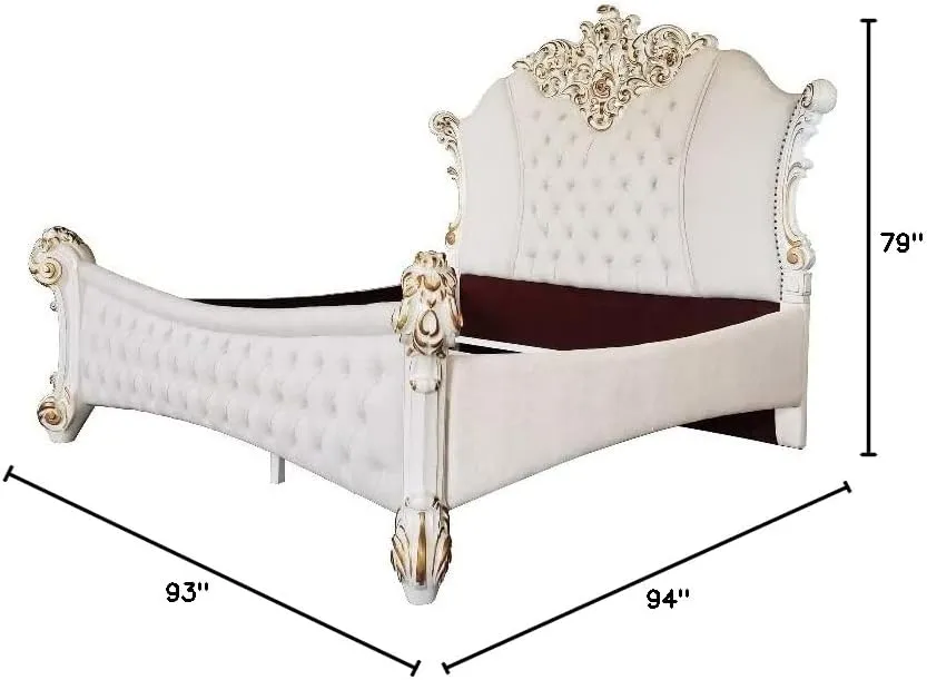 Acme Furniture Faux Leather Eastern King Bed, Two Tone Ivory and Antique Pearl