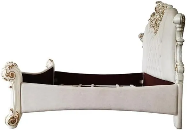 Acme Furniture Faux Leather Eastern King Bed, Two Tone Ivory and Antique Pearl