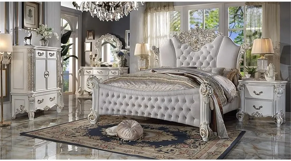 Acme Furniture Faux Leather Eastern King Bed, Two Tone Ivory and Antique Pearl