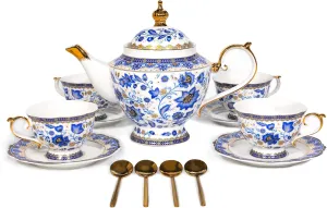 ACMLIFE Bone China Tea Set with Teapot, Blue and White Tea Set for Adults, Vintage Floral Tea Sets for Women Tea Party or Gift Giving