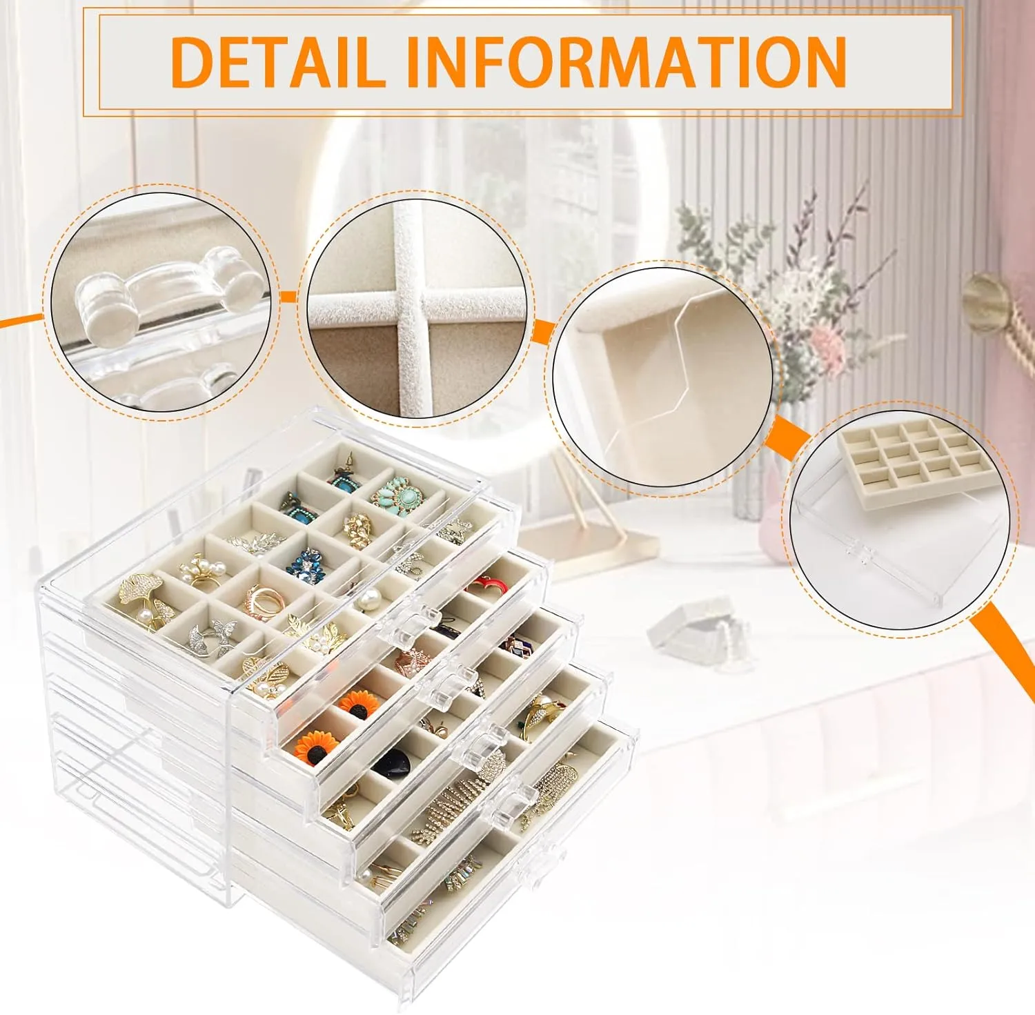 Acrylic Jewelry Box with 5 Drawers, Clear Earring Storage Organizer Display Case for Women Girls, Beige