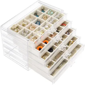Acrylic Jewelry Box with 5 Drawers, Clear Earring Storage Organizer Display Case for Women Girls, Beige