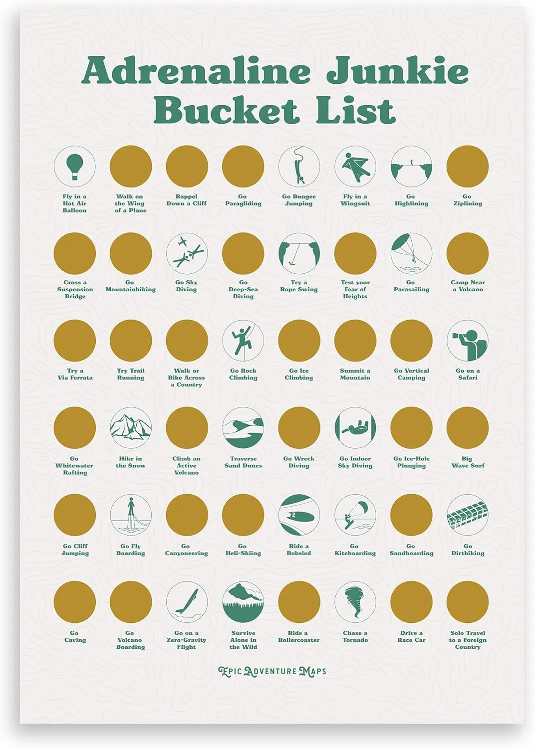 Adrenaline Junkie Crazy Bucket List Ideas Scratch Art Wall Poster - 48 Breathtaking Activities Scratch Off Poster Travel Must Haves, Gift for Travelers and Adventurers, Adventure Decor Beige 24" x 17"