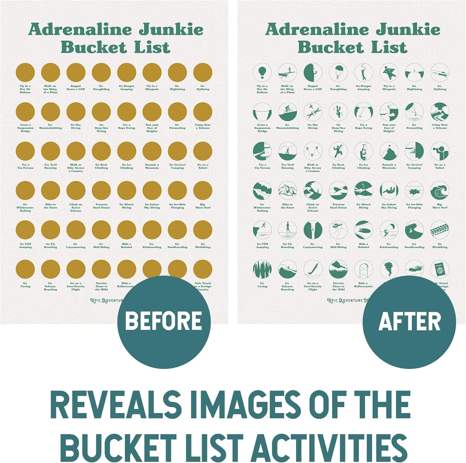 Adrenaline Junkie Crazy Bucket List Ideas Scratch Art Wall Poster - 48 Breathtaking Activities Scratch Off Poster Travel Must Haves, Gift for Travelers and Adventurers, Adventure Decor Beige 24" x 17"