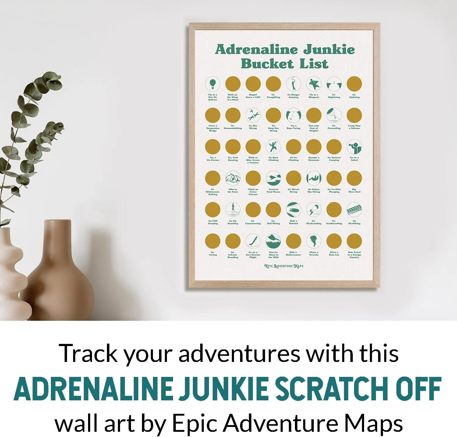 Adrenaline Junkie Crazy Bucket List Ideas Scratch Art Wall Poster - 48 Breathtaking Activities Scratch Off Poster Travel Must Haves, Gift for Travelers and Adventurers, Adventure Decor Beige 24" x 17"