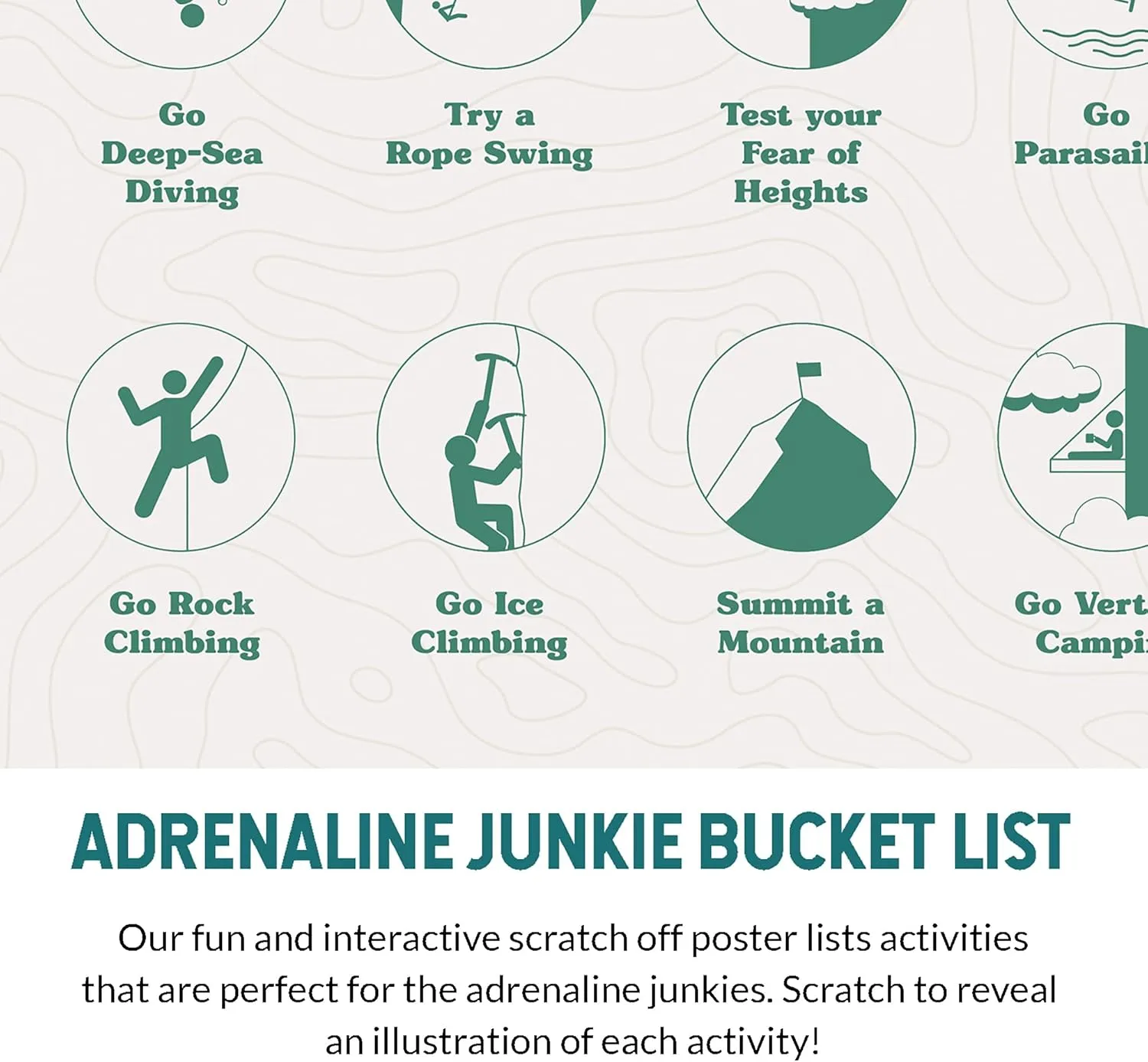 Adrenaline Junkie Crazy Bucket List Ideas Scratch Art Wall Poster - 48 Breathtaking Activities Scratch Off Poster Travel Must Haves, Gift for Travelers and Adventurers, Adventure Decor Beige 24" x 17"
