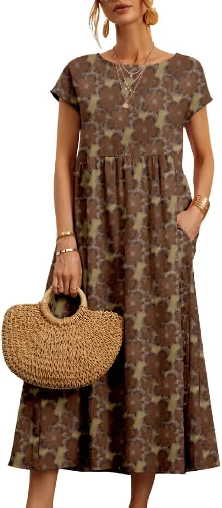 Akivide Women's Summer Cotton Linen Floral Printed Short Sleeve Dress Crew Neck Loose Casual Beach Dresses with Pockets