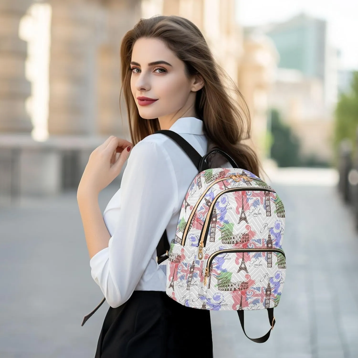 ALAZA Eiffel Tower Big Ben Famous Landmarks Of Europe Women Backpack Purse Shoulder Bag