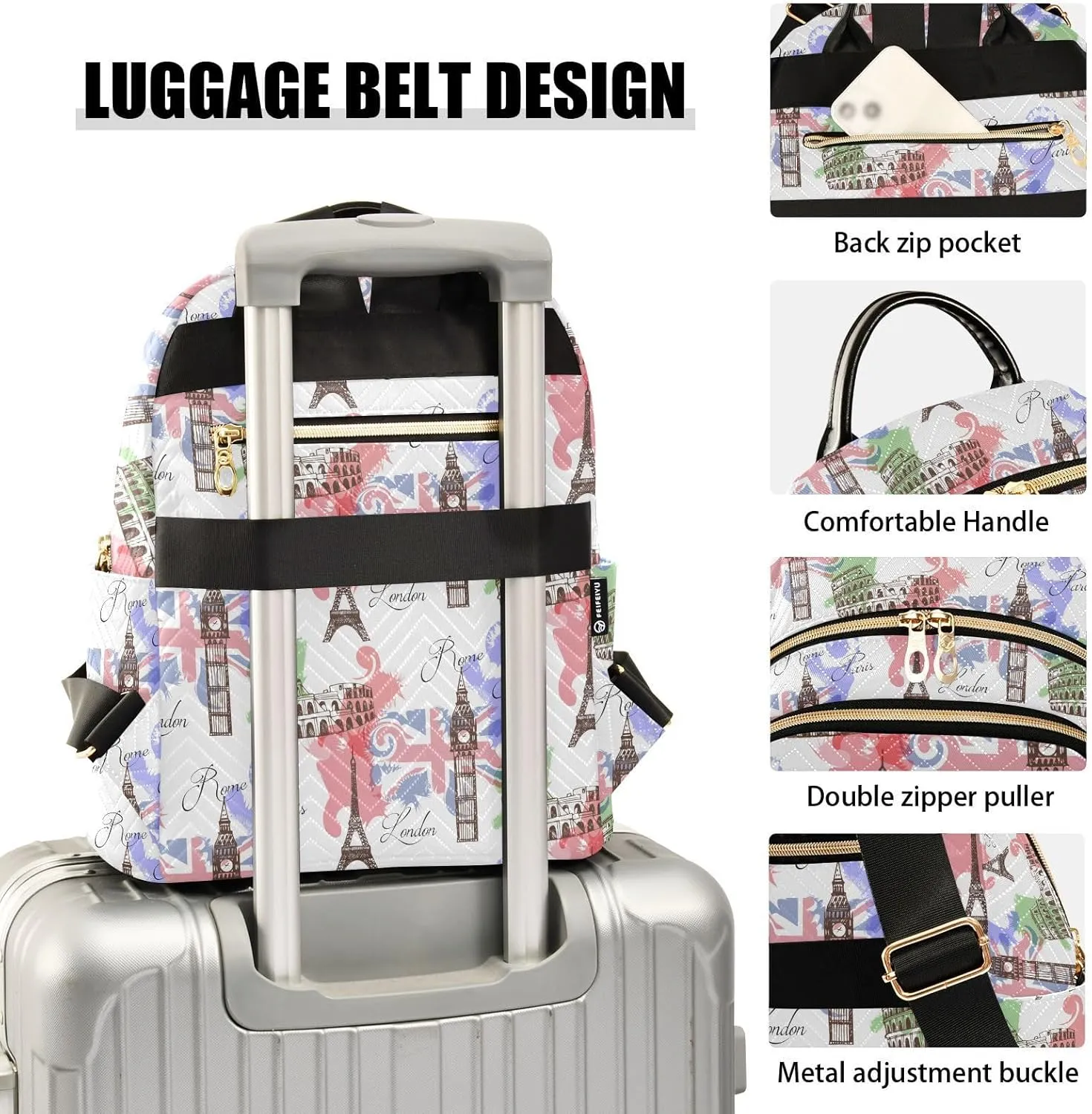 ALAZA Eiffel Tower Big Ben Famous Landmarks Of Europe Women Backpack Purse Shoulder Bag