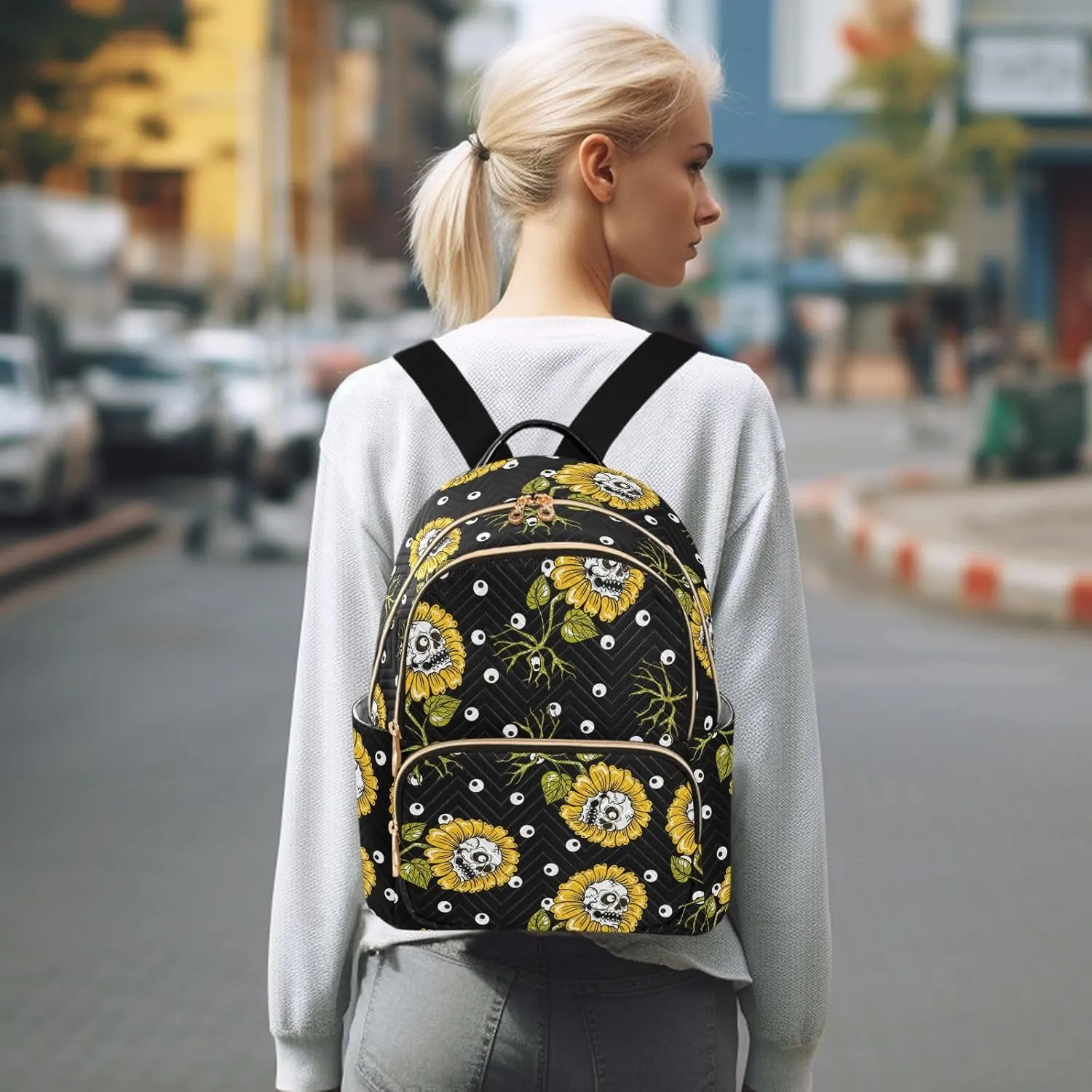ALAZA Sunflowers Skulls Eye Ball Small Backpack Purse for Women Travel Bag Fashion Daypack Back Pack Shoulder Bag