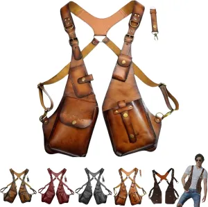 Alkyne 2024 New Anti-Theft Leather Harness, Brown Leather Double Shoulder Bag With Pocket, Retro Underarm Shoulder Holster Bag