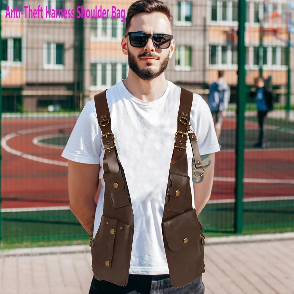Alkyne 2024 New Anti-Theft Leather Harness, Brown Leather Double Shoulder Bag With Pocket, Retro Underarm Shoulder Holster Bag