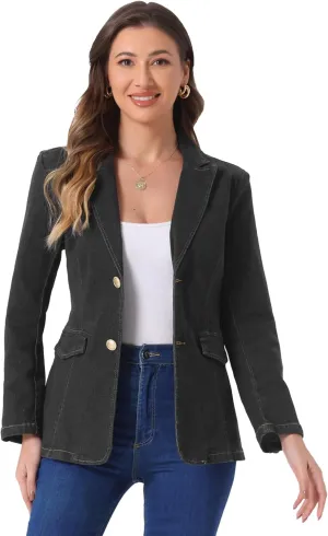 Allegra K Notched Lapel Blazer for Women's Denim Single Breasted Shoulder Pad Business Casual Jackets