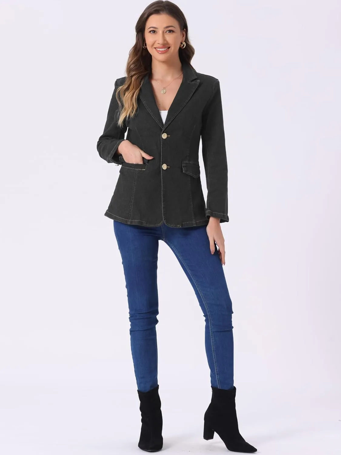 Allegra K Notched Lapel Blazer for Women's Denim Single Breasted Shoulder Pad Business Casual Jackets