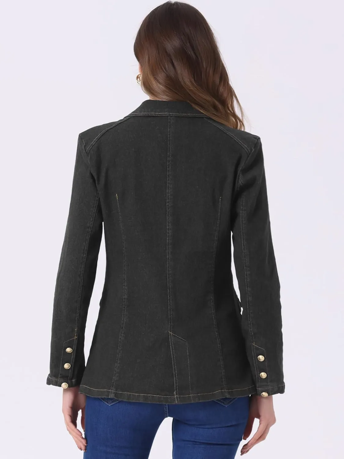 Allegra K Notched Lapel Blazer for Women's Denim Single Breasted Shoulder Pad Business Casual Jackets