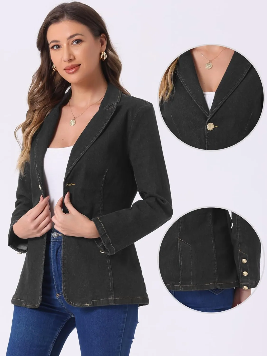 Allegra K Notched Lapel Blazer for Women's Denim Single Breasted Shoulder Pad Business Casual Jackets