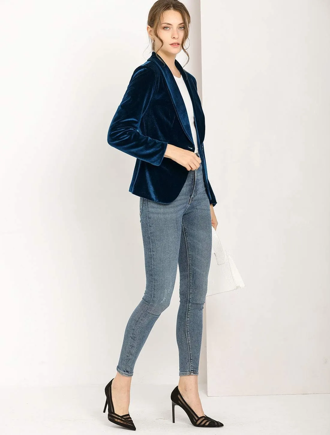 Allegra K Women's Halloween Christmas Office Coat Solid Shawl Collar 1 Button Velvet Blazer