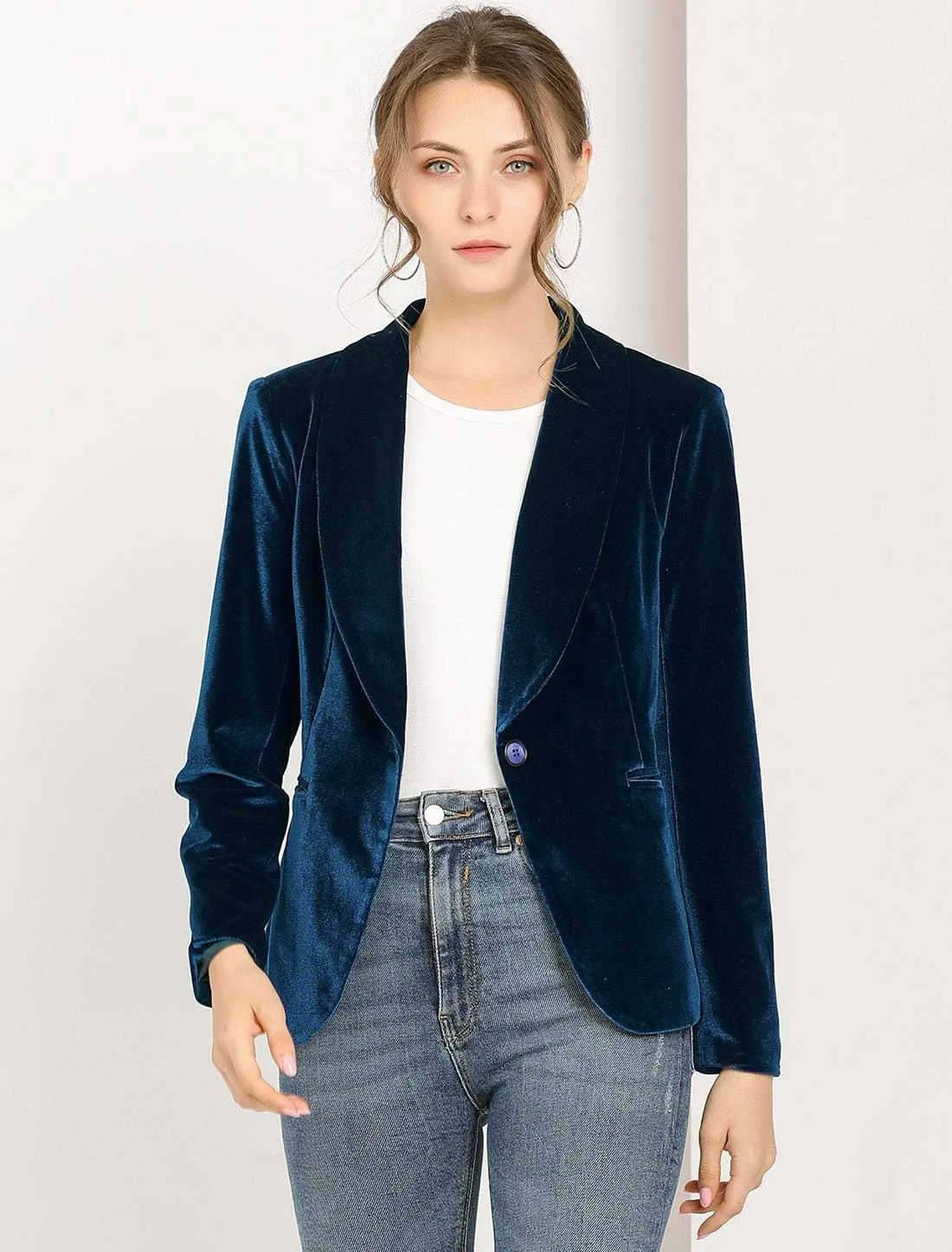 Allegra K Women's Halloween Christmas Office Coat Solid Shawl Collar 1 Button Velvet Blazer