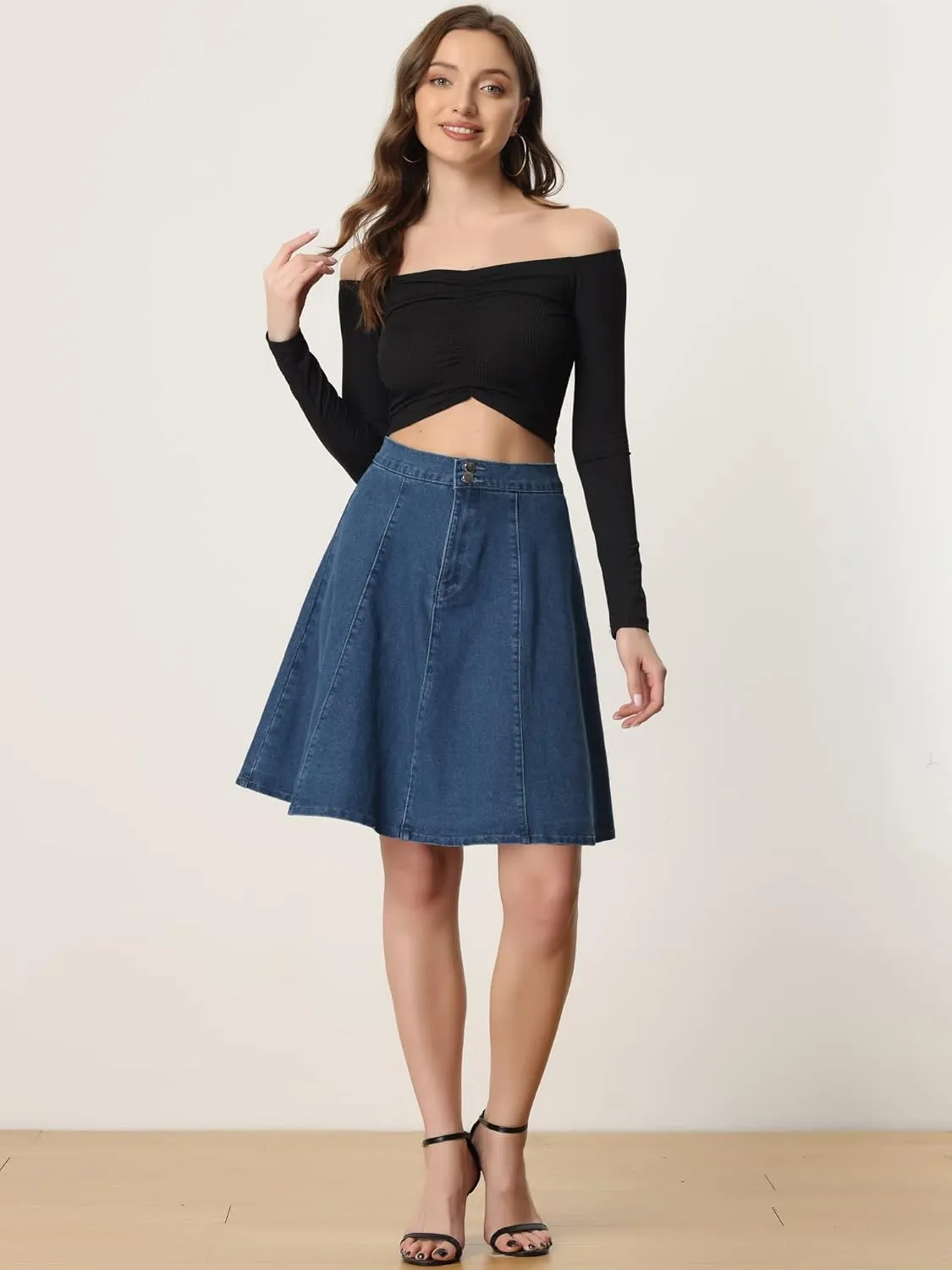 Allegra K Women's High Waisted A-Line Flared Casual Denim Skirt