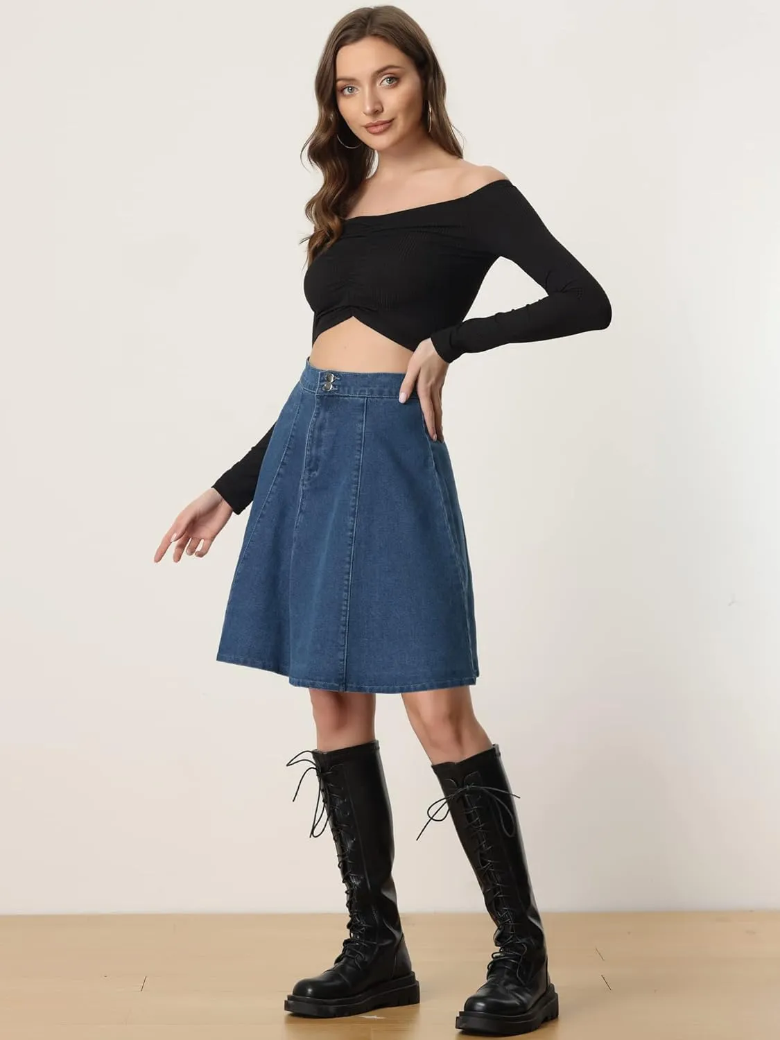 Allegra K Women's High Waisted A-Line Flared Casual Denim Skirt